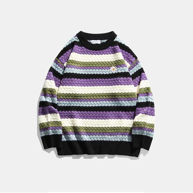 

Knitted Sweater Men Pullover Fashion O-neck Flowers Striped Clothes Autumn Winter Loose Casual Oversized Sweater Men Pullovers