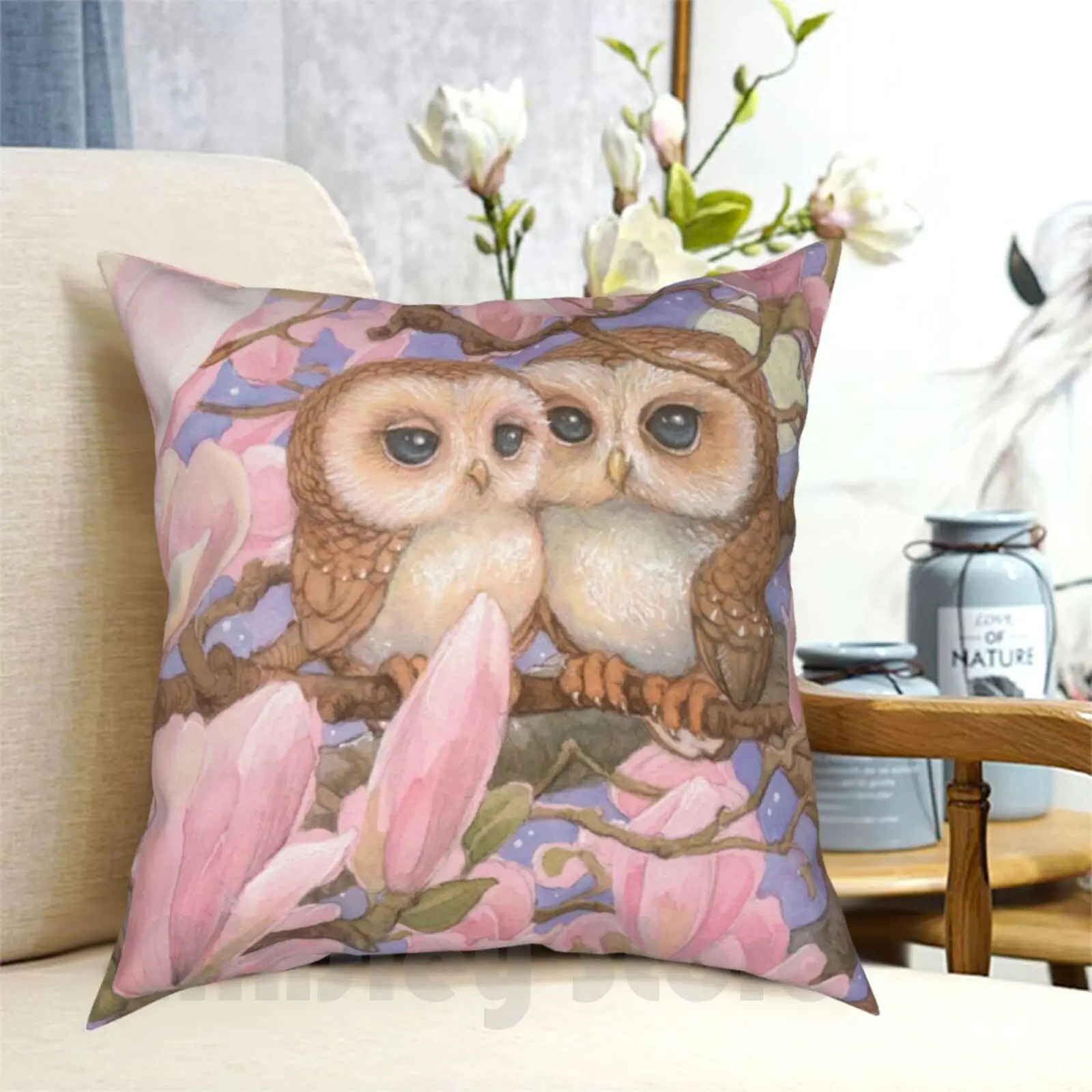 Love Owls Pillow Case Printed Home Soft DIY Pillow cover Owl Hooters Flowers Blossoms Tree