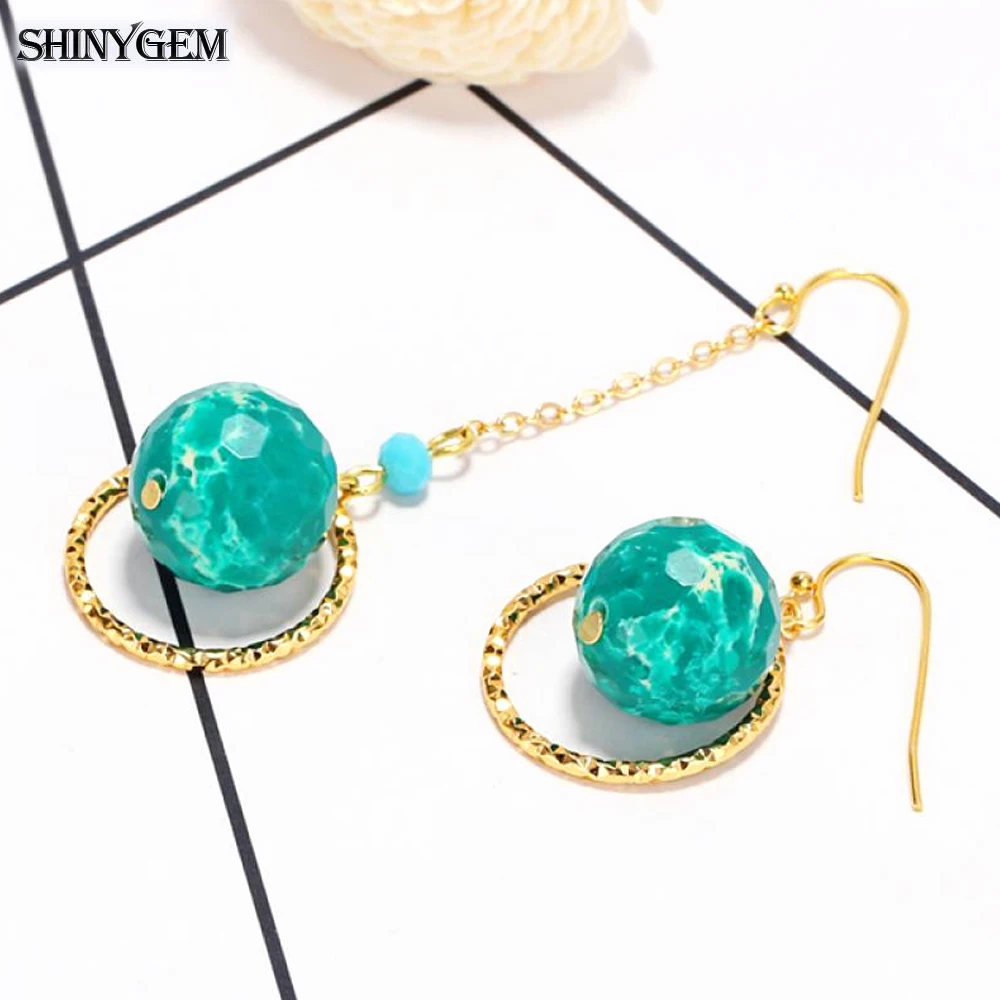 

ShinyGem Asymmetric Green Sea Sediment Jaspers Drop Dangle Earrings Gold Plating Faceted Round Natural Stone Earrings For Women