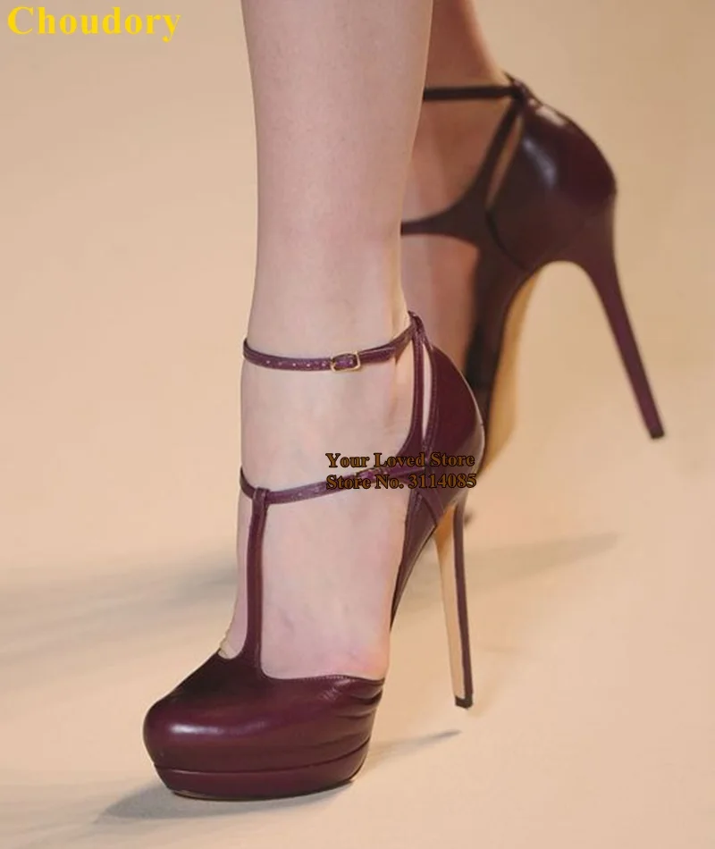 Choudory Wine Red Matte Leather High Heel Shoes T-Strap Platform Shoes Stiletto Heels Wedding Pumps Big Size Burgundy Pumps Shoe