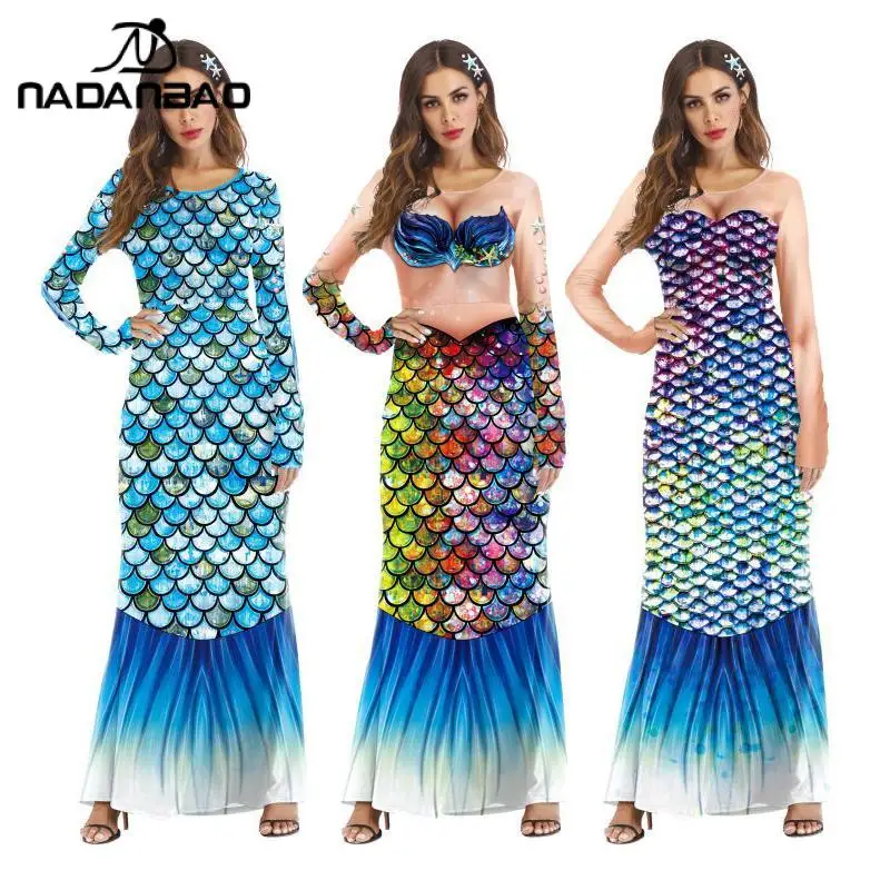 

NADANBAO Girl Princess 3D Mermaid Sexy Long Dress Women Halloween Fancy Costume Cos Carnival Birthday Party Robe Longue Femme