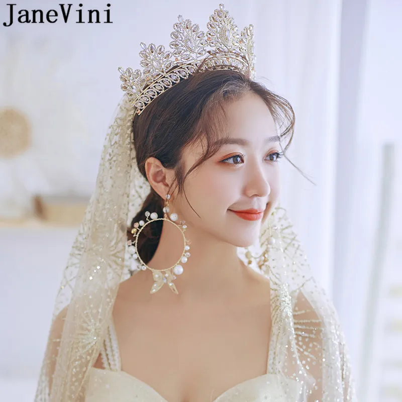 JaneVini Gold Arabic Bride Tiaras and Crowns with Earrings Set Rhinestone Crystal Bridal Head Jewelry Women Wedding Headband