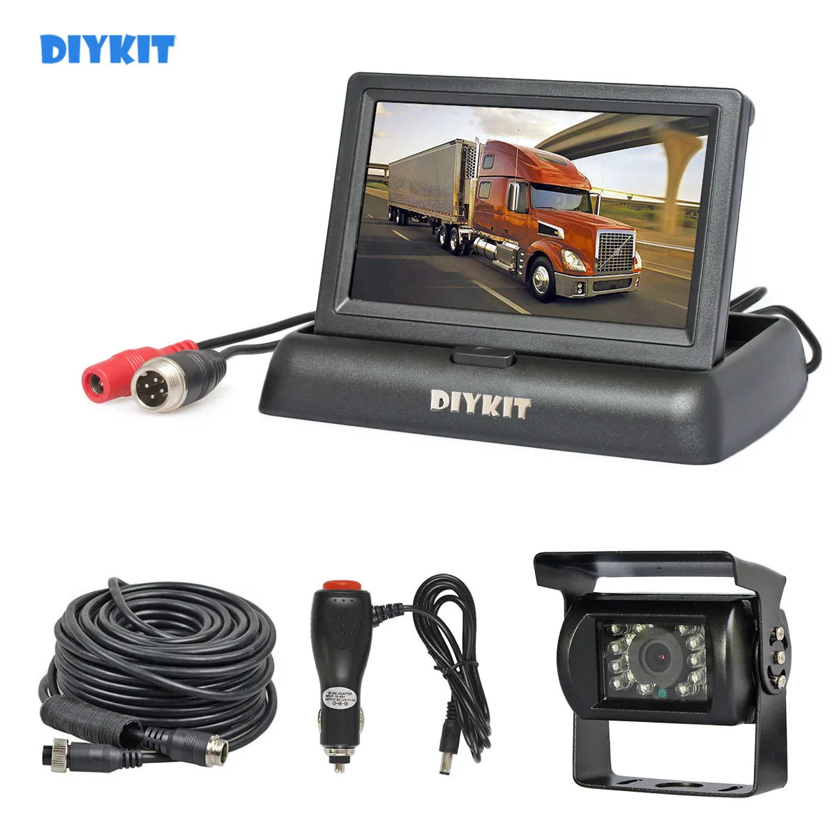 

DIYKIT DC12V-24V 4PIN 4.3" Reverse Rear View Car Monitor Waterproof CCD Night Vision Bus Truck LED Camera Car Charger