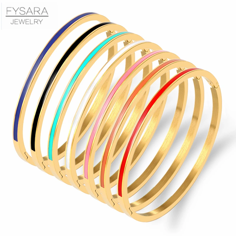 FYSARA 3mm Thin Colorful Orange Enamel Bangles Bracelets for Women Party Fashion Bangles Stainless Steel Jewelry 7 Color