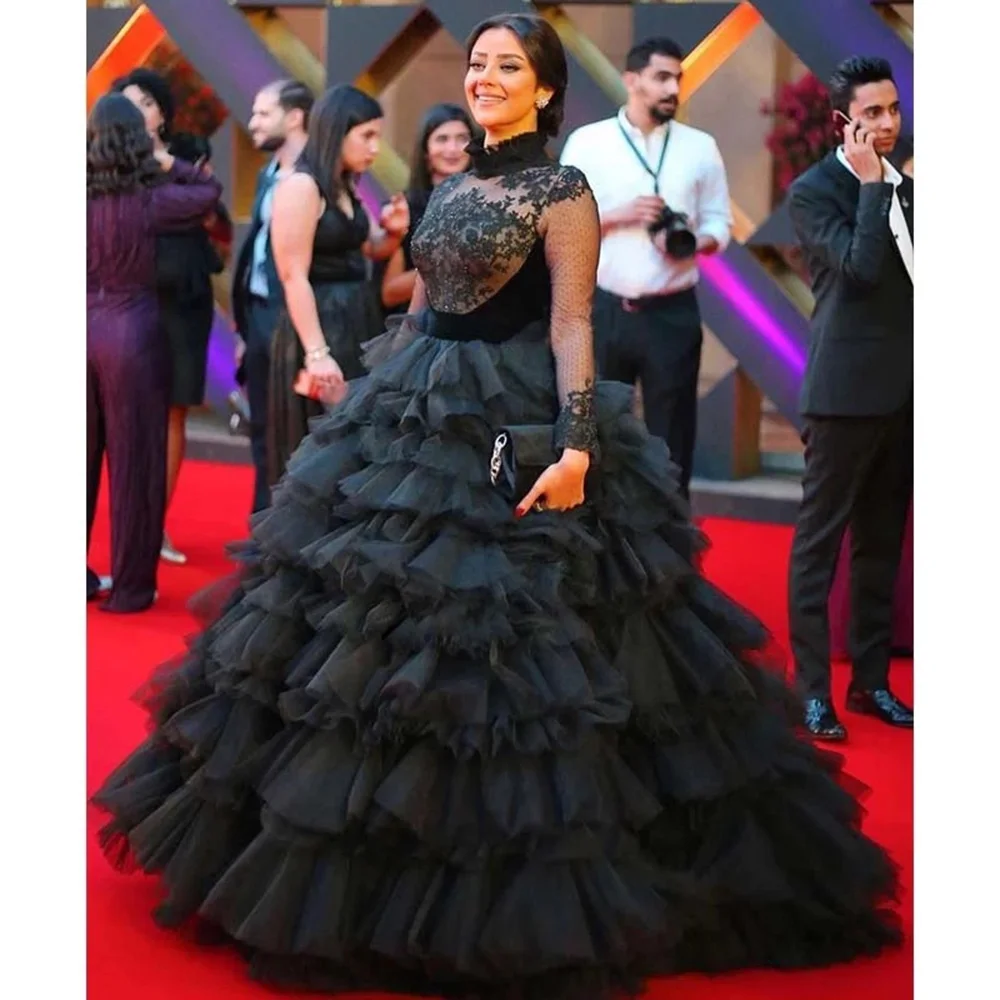 Luxury Arabic Dubai Tiered Ruffles Ball Gown Black Tulle  Formal Evening Dress Plus Size High Neck Long Sleeves Prom Dresses