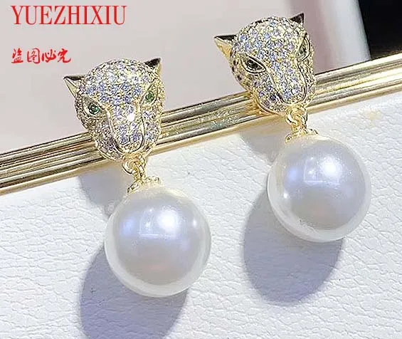 

925 Silver earrings jewelry earrings with round pearl inlay zircon leopard head jewelry woman party wholesale