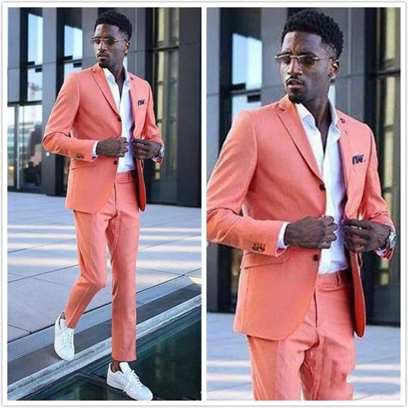 Coral Groom Wedding Tuxedos Men Groomsmen Suits Notached Lapel Slim Fit Two Button Prom Party Dinner Blazer Jacket (Jacket+Pants