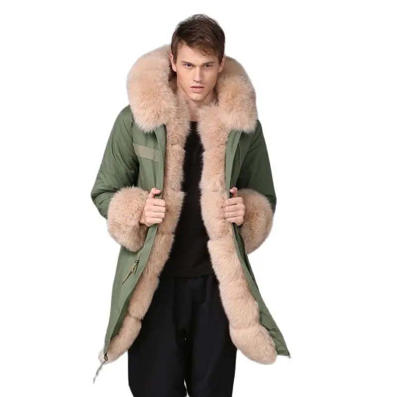 Luxurious Long Fur Parka Beige Faux Fur Lining Fox Fur Cuffs Jacket For Men Winter Thick Warm Plus Size Coat UK Style