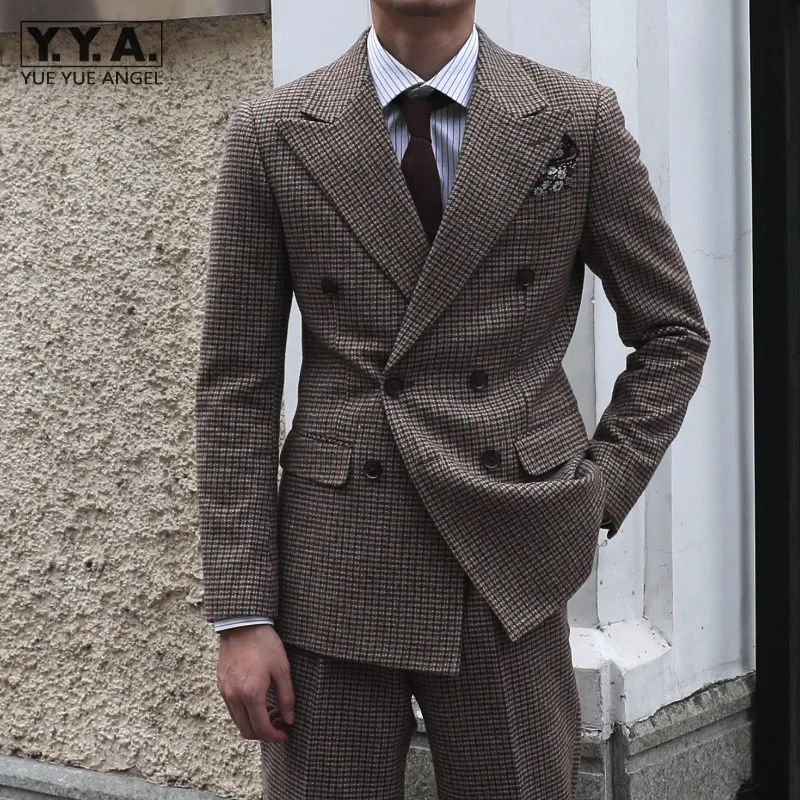 British Style Vintage Mens Spring Autumn New Double Breasted Plaid Spliced Suits Sets Business Casual Pants Two-Piece Suit