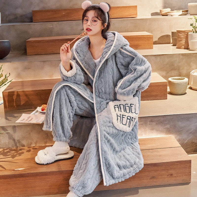 Bathrobes For Women\'s Plus Size Nightie Cartoon Coral Velvet Warm Kimono Hooded Flannel Robe Dressing Gowns Winter Sleepwear