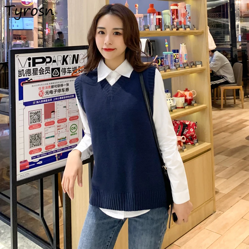 

Sweater Vest Women Solid Elegant All-match V-neck Sleeveless Sweaters Japanese Style Stylish Loose-fit Knit Tops Mujer Hot Sale