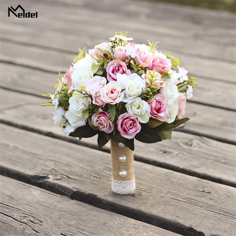 Meldel New Purple White Wedding Bouquet Handmade Artificial Flower Rose Buque Casamento Bridal Bouquet for Wedding Decorations