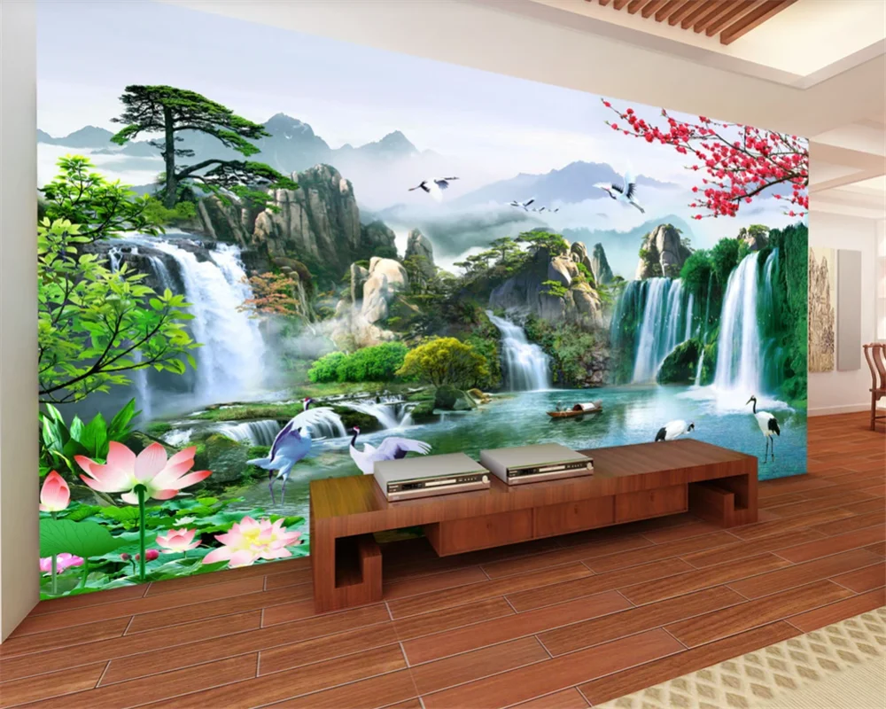 beibehang Customize new Chinese style 3D waterfall natural scenery mural living room TV sofa study room classic wallpaper