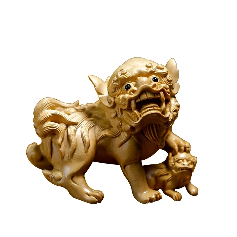 

Boxwood 8cm Dragon Lion Sculpture Gatekeepers God Myth Wood Animal Statue Lucky Home Decor