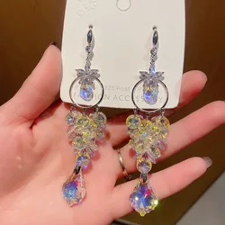 Korean shiny Crystal flowers Trendy Women Drop Earrings senior long geometric metal circular fine pearl Earrings