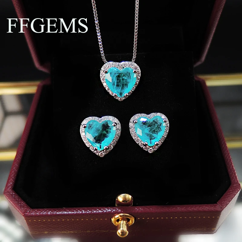 FFGems Paraiba Tourmaline Ngọc Lục Bảo Đá Quý Trái Tim bạc Vàng màu sắc Mới Bông Tai Vòng Cổ Bộ 2020 cho Nữ Cô Gái Tặng Sỉ