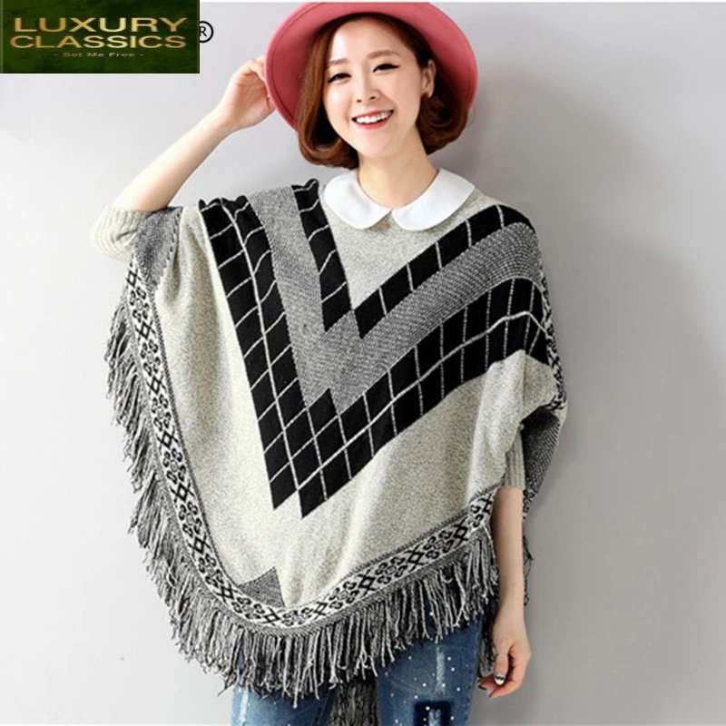 Clothes Women 2021 Winter Korean Fashion Kintted Vintage Sweater Print Cloak Long Pullover Ladies Autumn Warm Top LLT8510