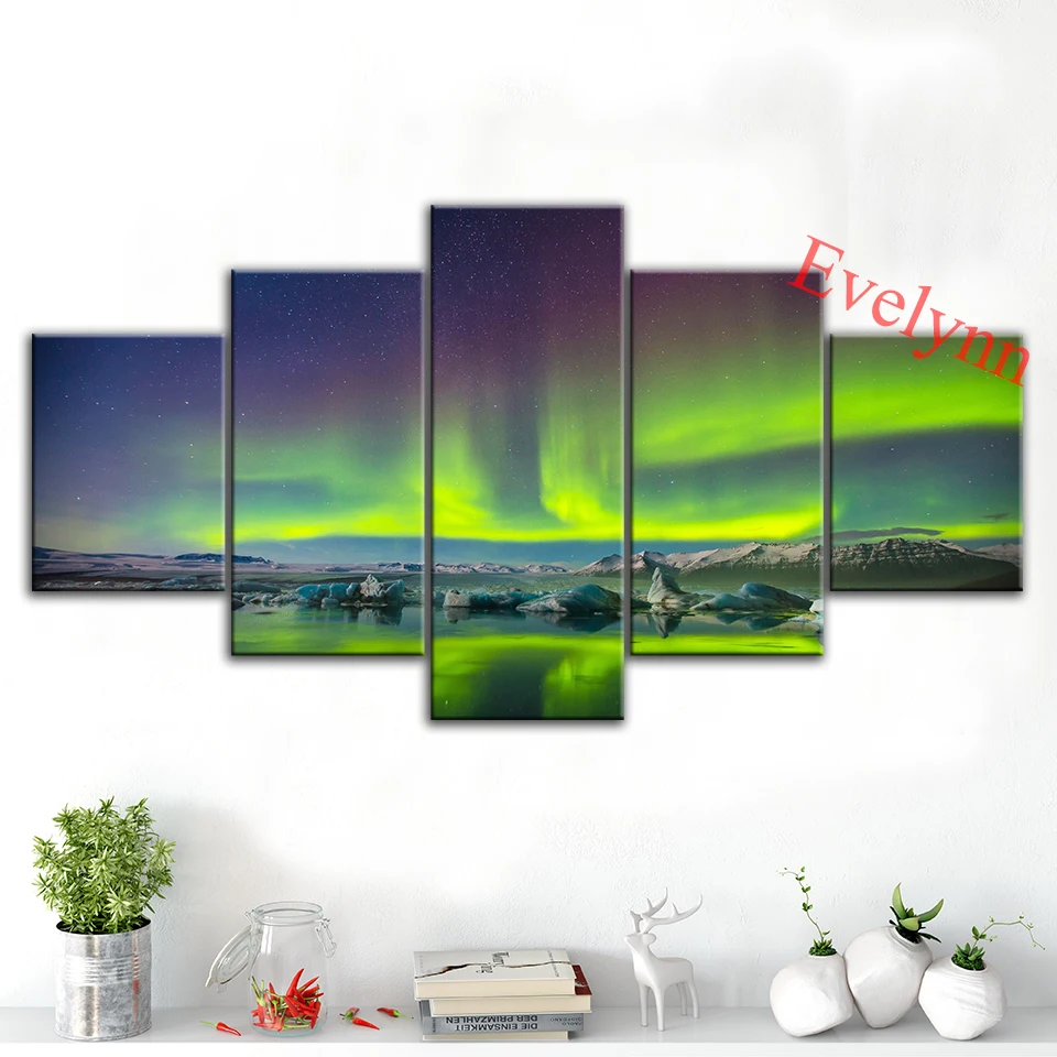 

5 Pieces Aurora Borealis Natural Poster Modern Canvas Modular Pictures Wall Art Prints Home Decor Painting For Living Room Frame