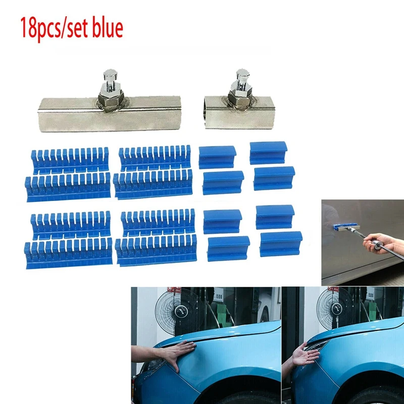 

18X Paintless Dent Removal Puller Tabs Teeth Tools Kit with Glue Sticks for Big Dent Repair of Car Body Hail Damage Blue