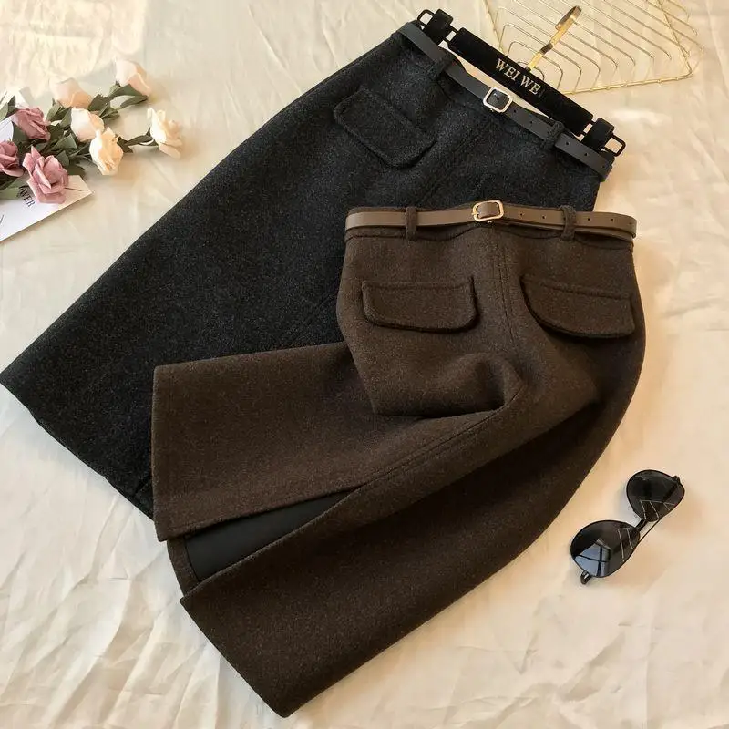 Woolen Skirt Winter Female Long Korean Version of the All-Matching Slim Fit Slimming Slit Hip Skirt Mujer Faldas