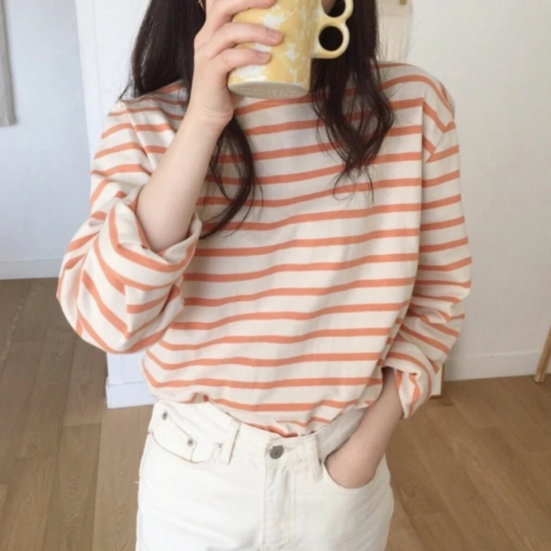 Harteen T Shirt Loose Cotton Striped Tshirt Women Autumn Long Sleeves O-neck Korean All-match Basic Woman Top Femme Tee T-shirts