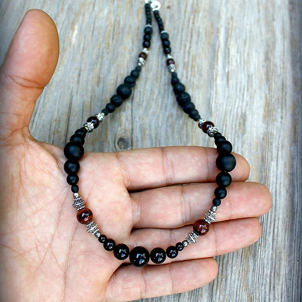 Natural Real Tiger eye Beaded Necklace For Men Masculine Black Chokers Necklaces Casual Mens Guy Jewelry Handmade