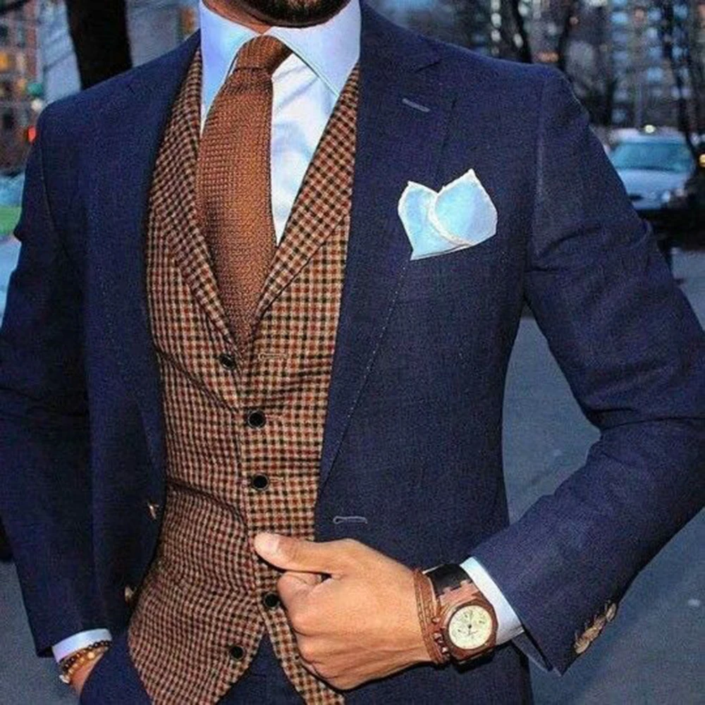 Mens Suit Vest Plaid Coffe Champagne Wedding Wool Business Waistcoat Jacket Casual Slim Fit Gilet Homme Vests For Groosmen