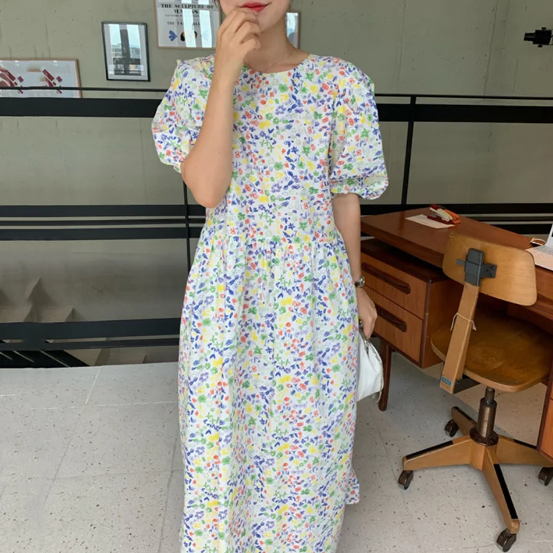 

Summer Flower Print O Neck Loose Back Single-breasted Slim High Waist Puff Sleeve A-LINE Dresses for Women X492