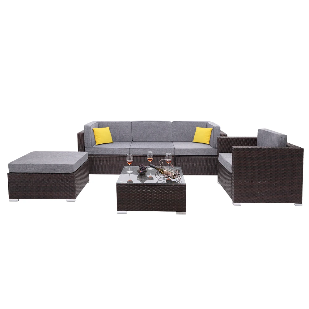 US Warehouse 6 Pieces Patio PE Wicker Rattan Corner Sofa Set Patio Furniture  Set for Garden and Outdoors