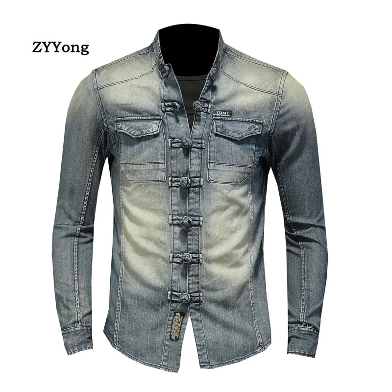 Fashion Long Sleeve Stand Collar Men\'s Denim Shirt Slim Soft Comfortable Motorcycle Style Streetwear Leisure Blue Thin Coat