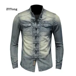 Fashion Long Sleeve Stand Collar Men's Denim Shirt Slim Soft Comfortable Motorcycle Style Streetwear Leisure Blue Thin Coat