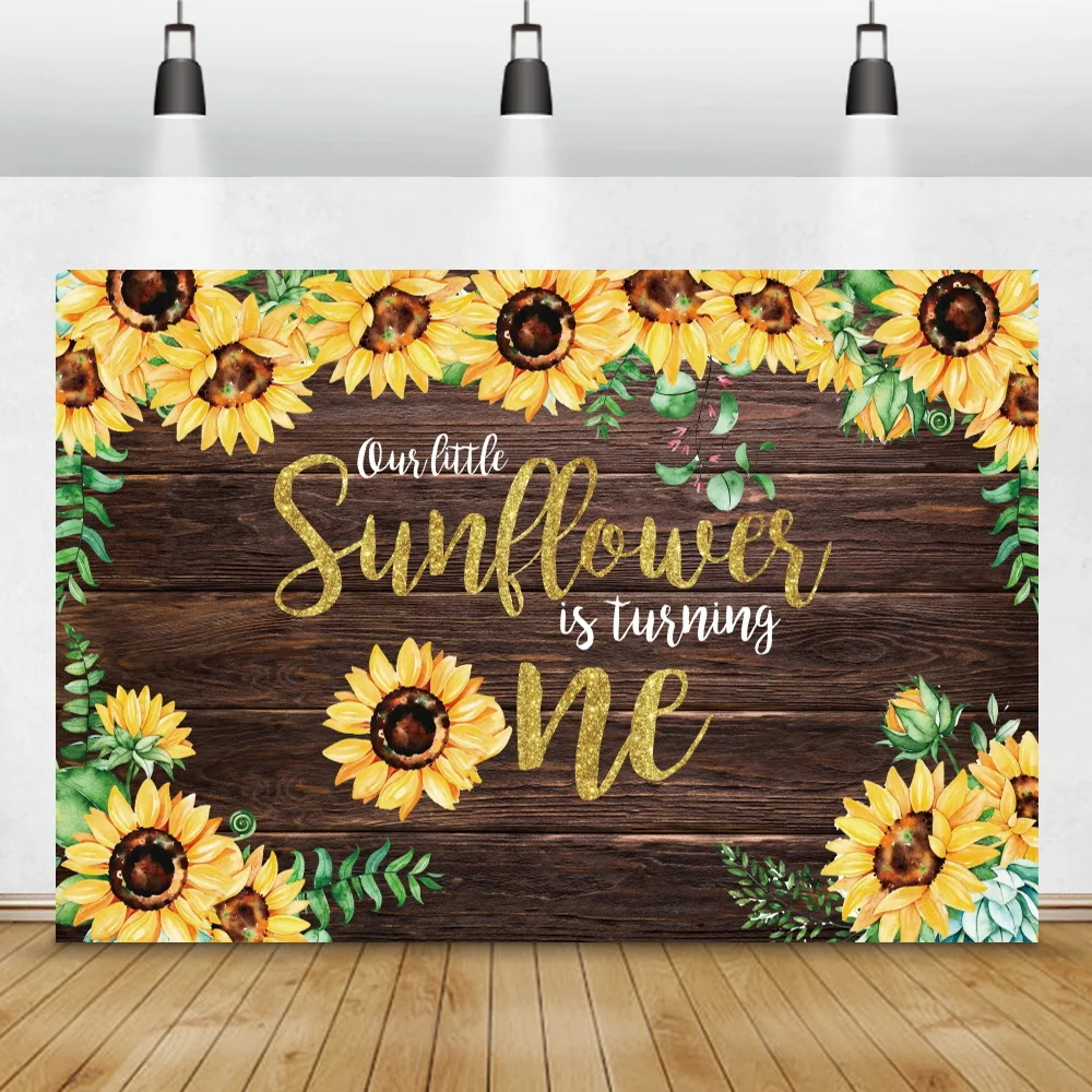 Baby One Birthday Sunflowers Wooden Boards Background Child Portrait Poster Family Party Photography Backdrop Photocall Banner