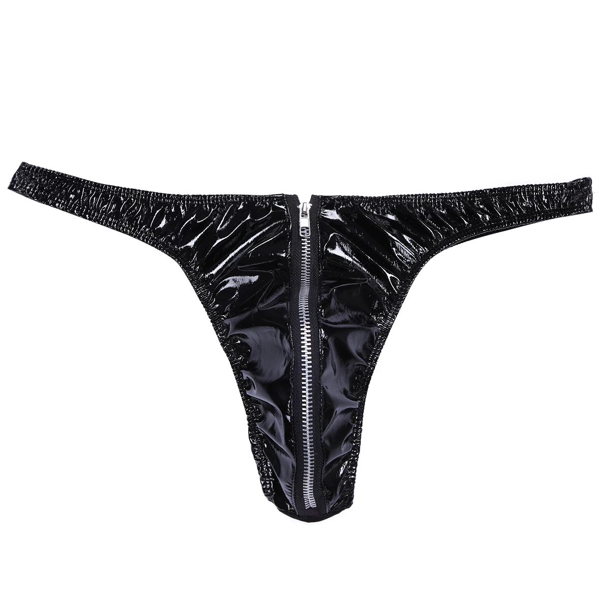 Mens Lingerie Patent Leather Latex Panties Bikini Underwear Underpants with Front Zipper G-Strings And Thongs Sissy Briefs