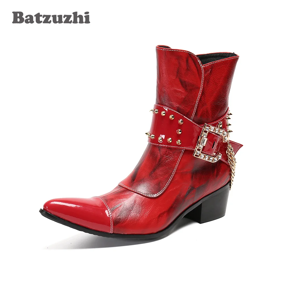 Batzuzhi Punk Western Cowboy Boots Genuine Leather Ankle Boots for Men's Party and Wedding Red Punk Botas Hombre,Big Sizes EU46