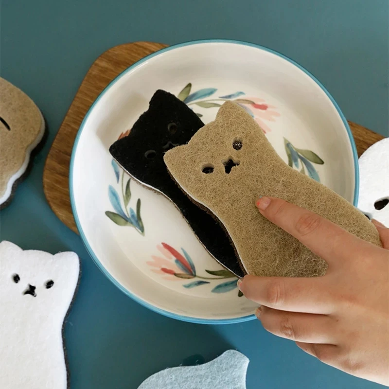 4Pcs Cat Japanese Sponge Scouring Strong Water Absorption Dishwashing Sponge Rust Cleaning Tool Washing Dishes Kitchen Gadgets