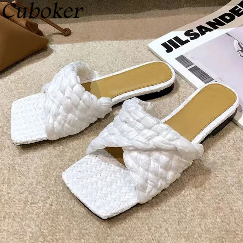 Designer Women Flat Slippers Braid Fold Square Toe Mules Platform Summer Slides Runway Vacation Beach 2021 Causal Sandals Woman