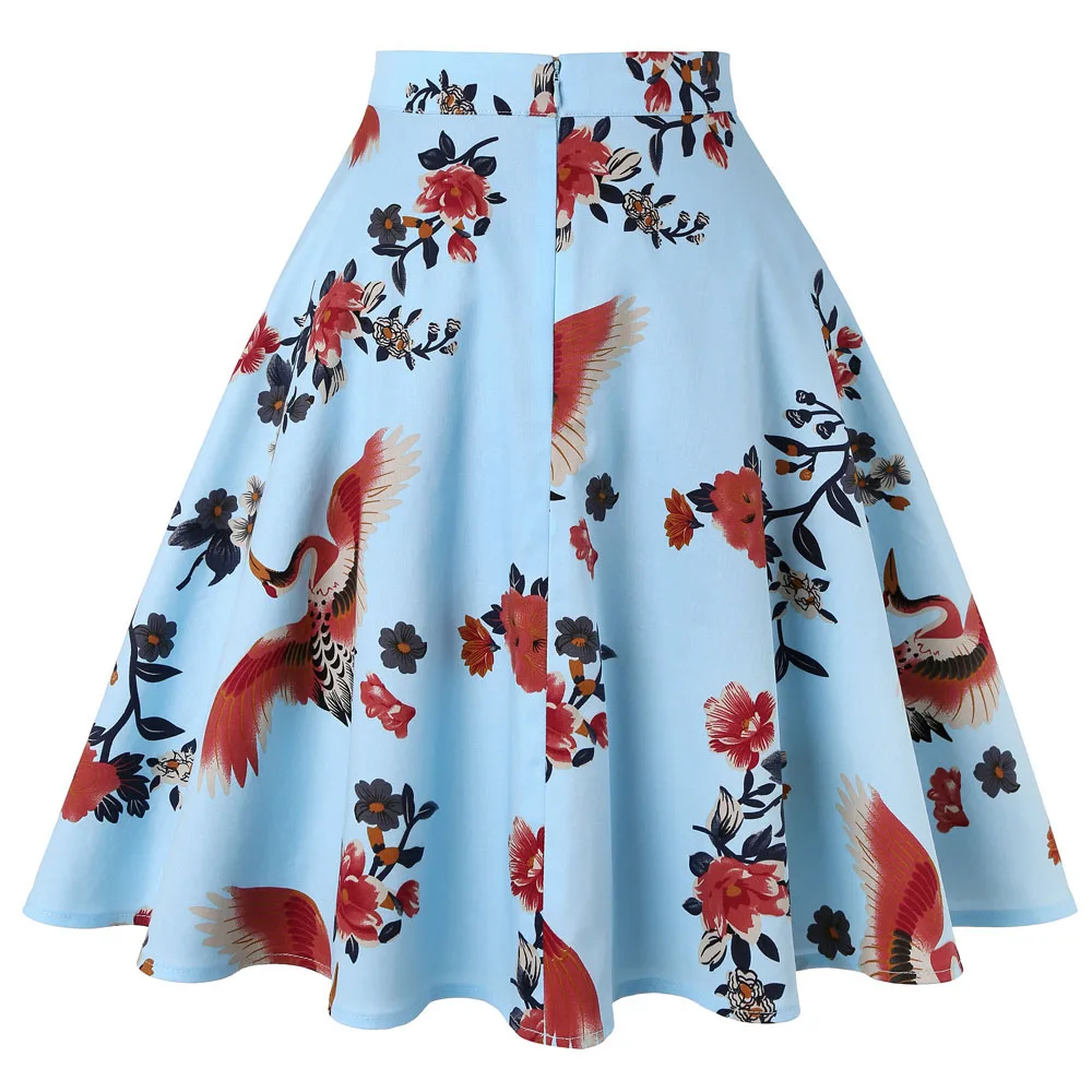 2023 Summer 50s 60s Vintage Retro Casual Skirt Fashion Lady Bird Animal Floral Print Skirts High Waist Pleated Flare Midi Skater