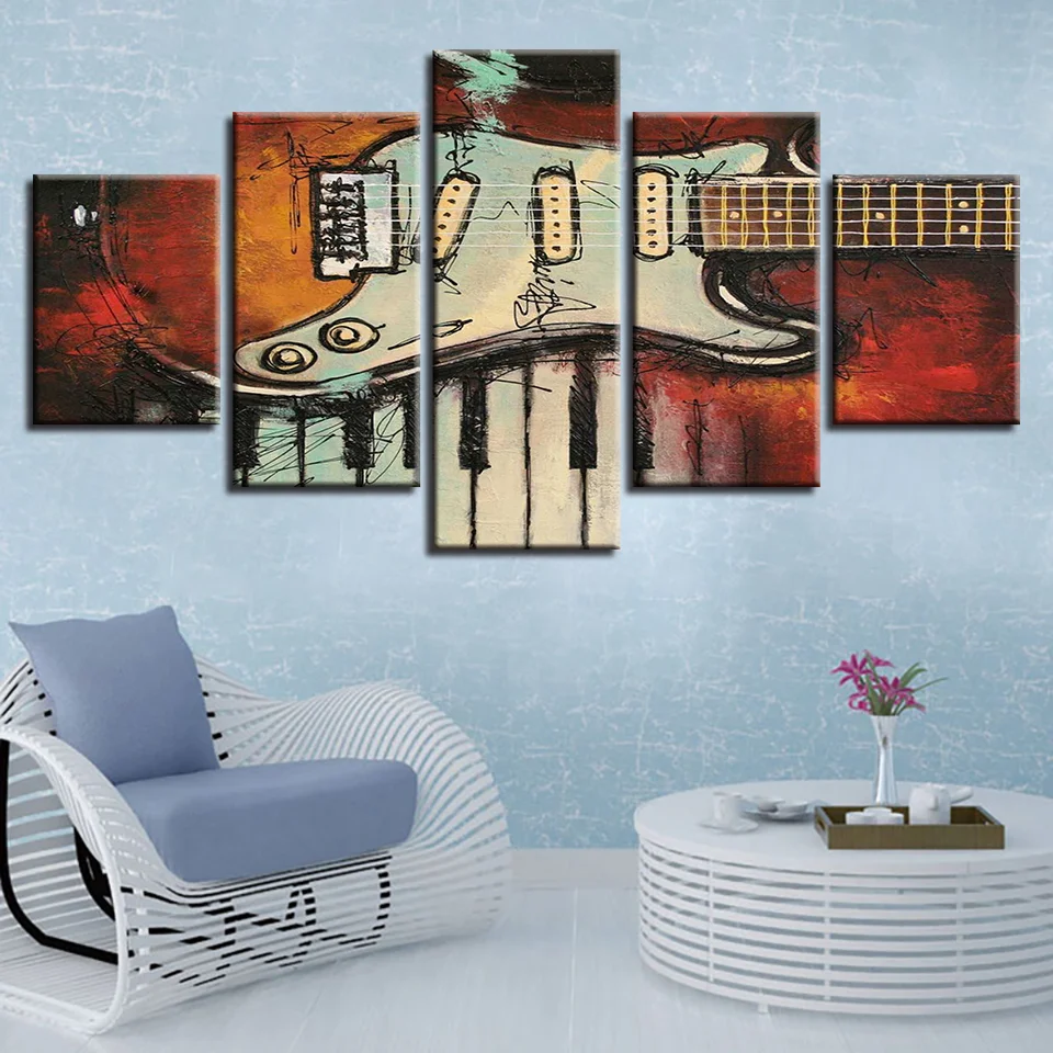 Canvas Paintings 5 Pieces Musical Instruments Guitar And Piano Keys Pictures Canvas HD Prints Art Posters Frame Home Room Decor