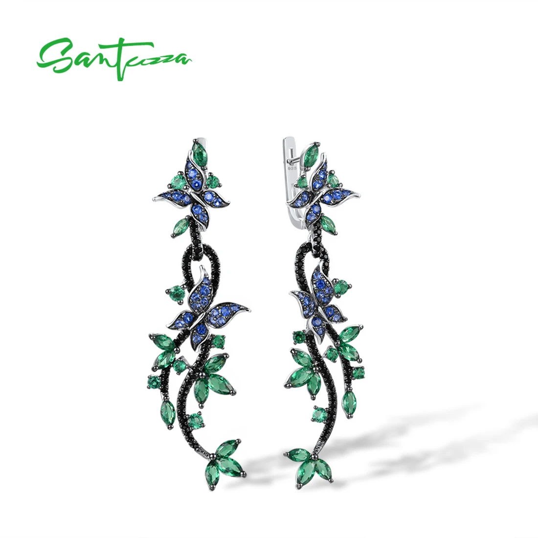 SANTUZZA 925 Sterling Silver Drop Earrings For Women Green Black Spinel Blue Nano CZ Butterfly Leaf Earrings Trendy Fine Jewelry