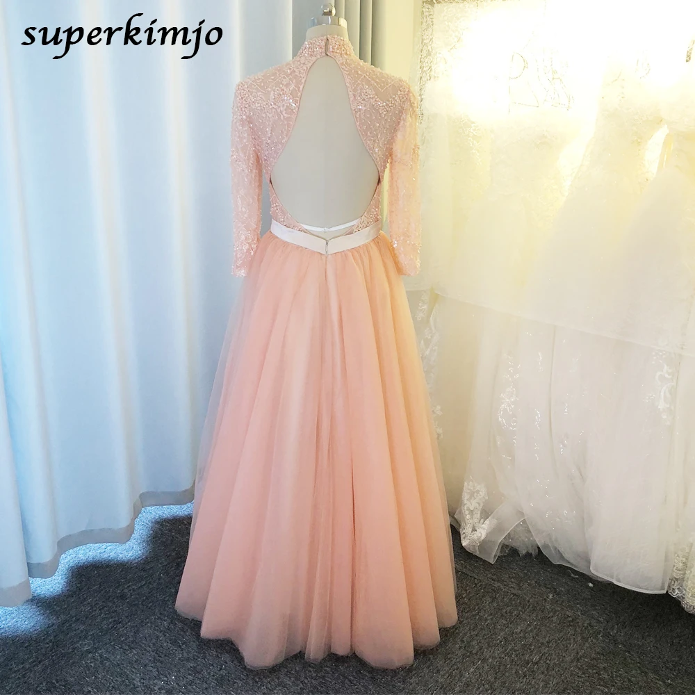 real picture prom dresses 2020 pink long sleeve high neck beading sequins pearls sheer bodice tulle floor length evening dresses