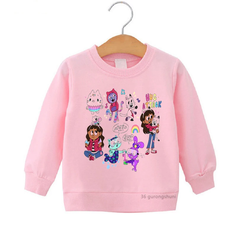 

Kawaii Kids Clothes Gabby'S Dollhouse Cartoon Print Hoodie Pink/White Cat Sweatshirt Long-Sleeve Winter/Spring Tracksuit Tops