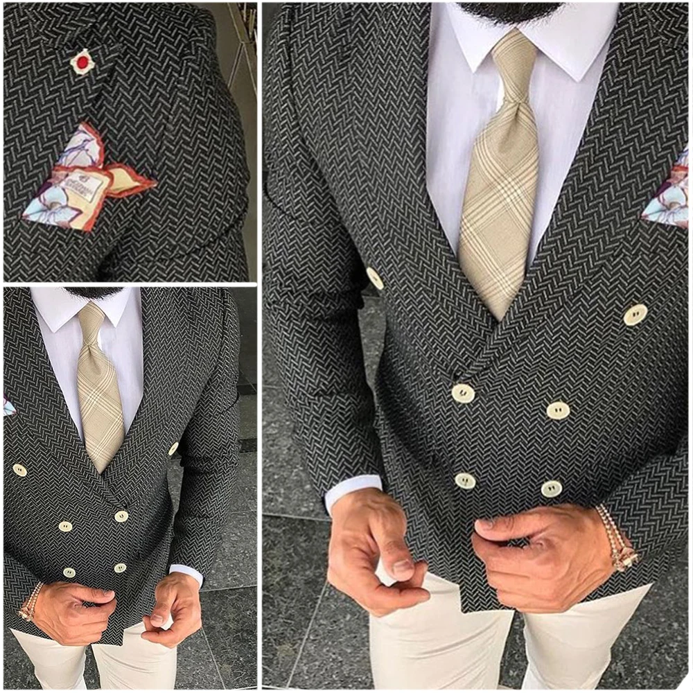 

Striped Man Suit Top Double Breasted Formal Wram Party Evening Wedding Groomsman Wear Witer Thick Fashion 12303