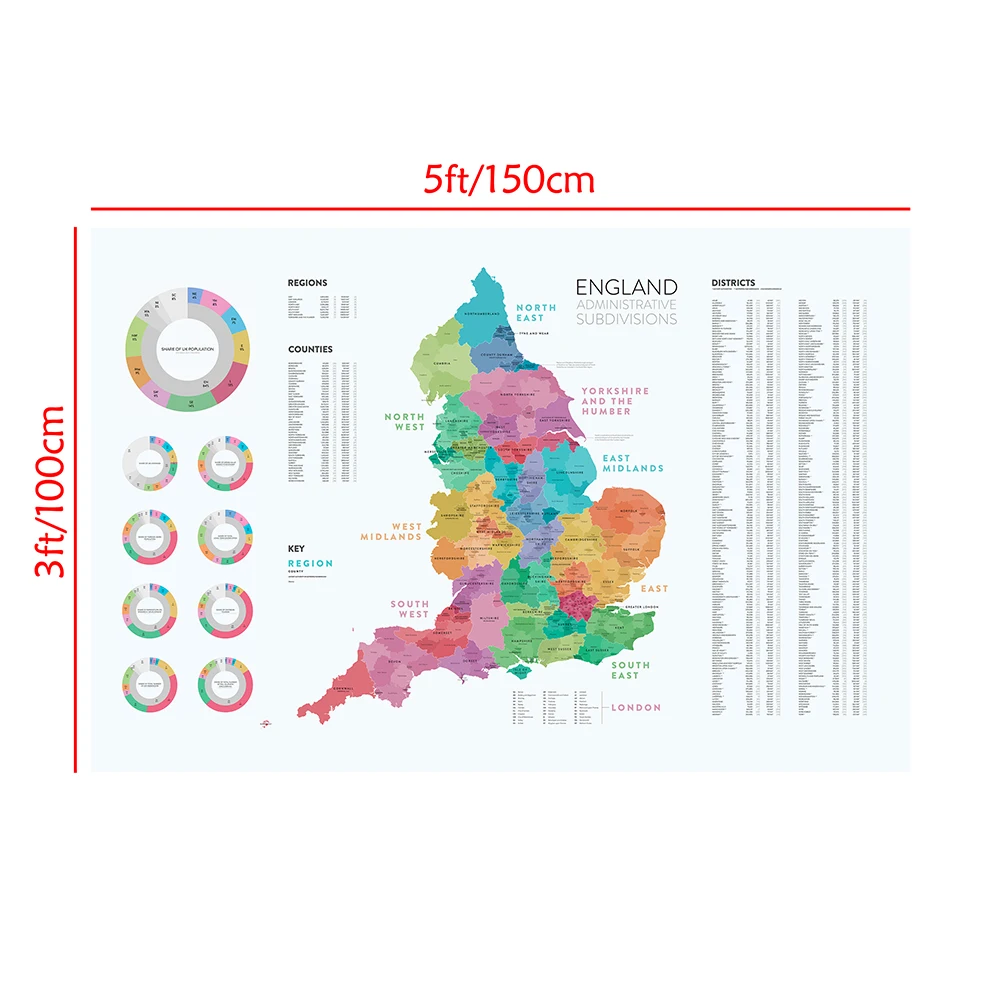 150*100 Cm mapa anglii podział administracyjny szczegółowe regiony włóknina płótno plakat do dekoracji domu szkolne