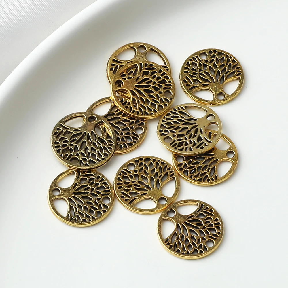 Tree Of Life Pendant Round Hollow DIY Vintage Silver Color Metal Bracelet Neacklace Charm Making Fashion Jewelry Accessorie Gift