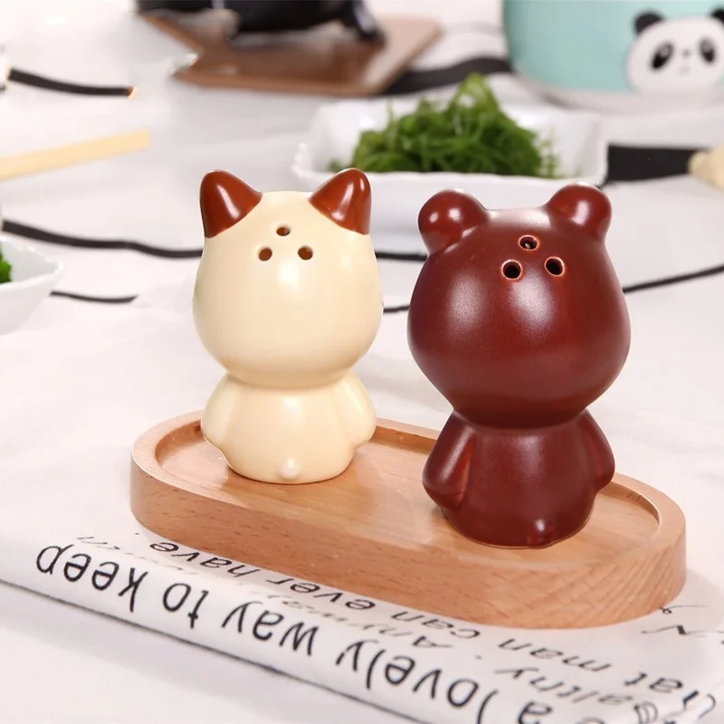 Korean Cute Cartoon Bunny Bear Kitten Panda Ceramic Seasoning Pot Two-piece Creative Home Kitchen Supplies Salt Pepper Pot