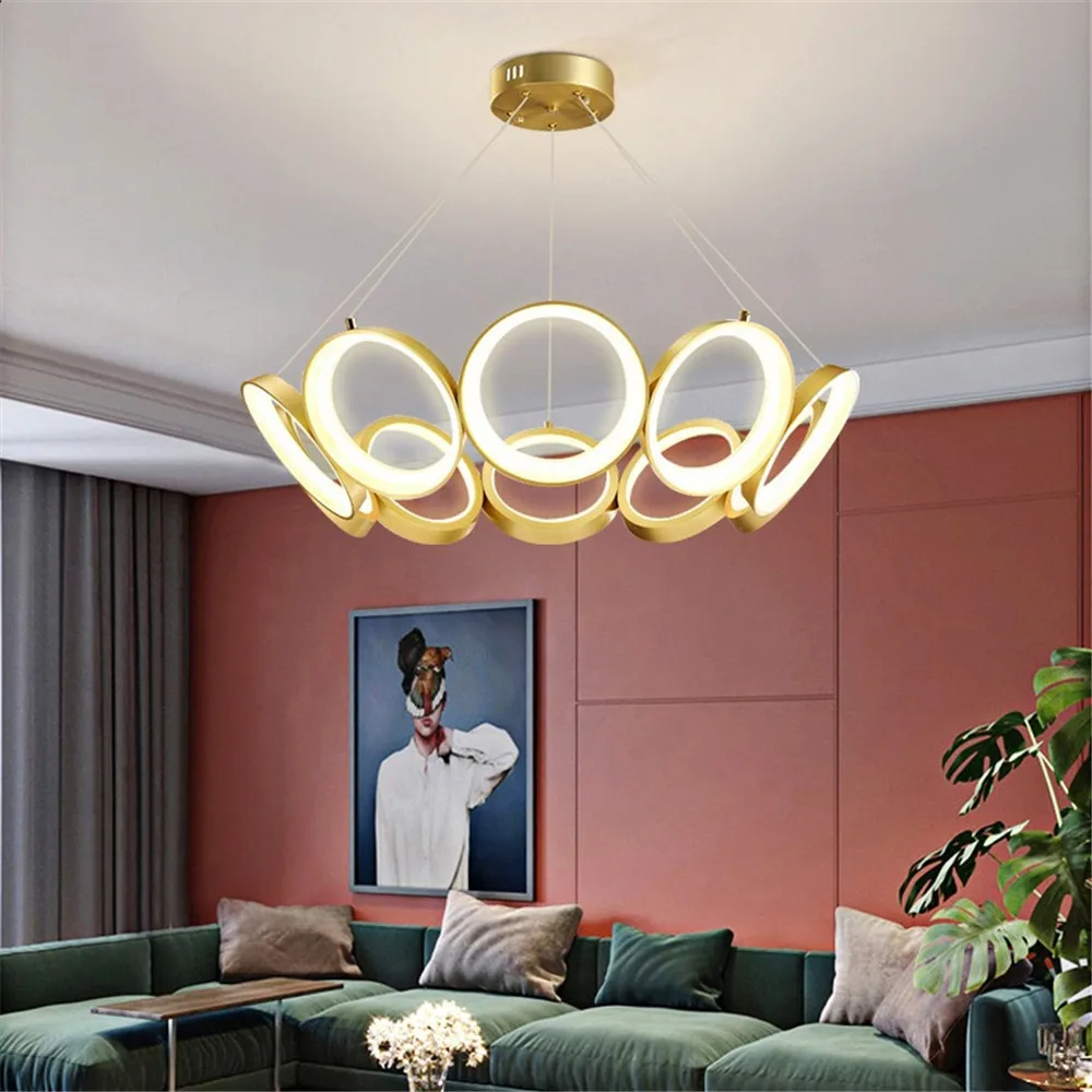 

Golden creative indoor LED round chandelier modern minimalist villa hotel bedroom restaurant light remote control dimming