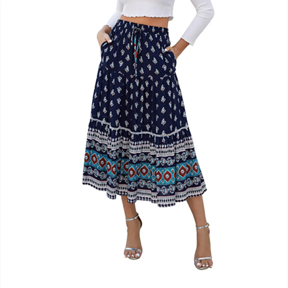 Eight Color Navy Blue Boho Vintage Floral Print Long Skirt  Womens Casual High Elastic Waist Skirts Summer Elegant Female Bottom