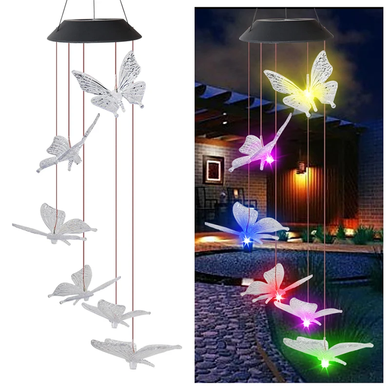 

3 Colors Butterfly Wind Chime Solar Waterproof LED Butterfly Hanging Wind Bell for Garden Patio Yard Home Decor Landscape Lamp