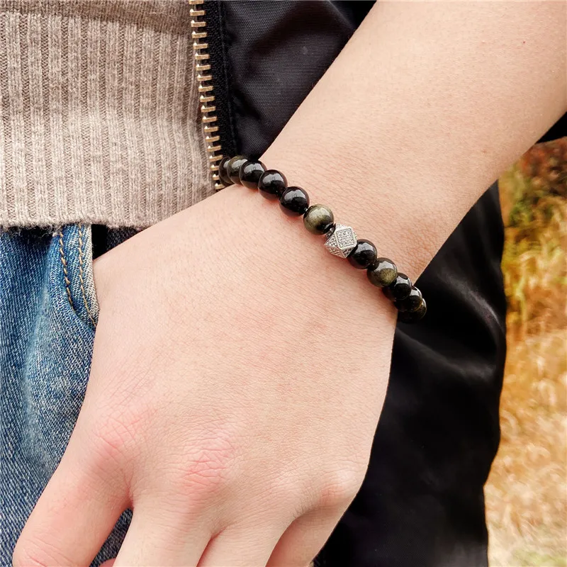 High Quality Natural Black Tourmaline Obsidian Beads Bracelet Fashion CZ Metal Square Charm Bracelet Jewelry for Women Men Gifts