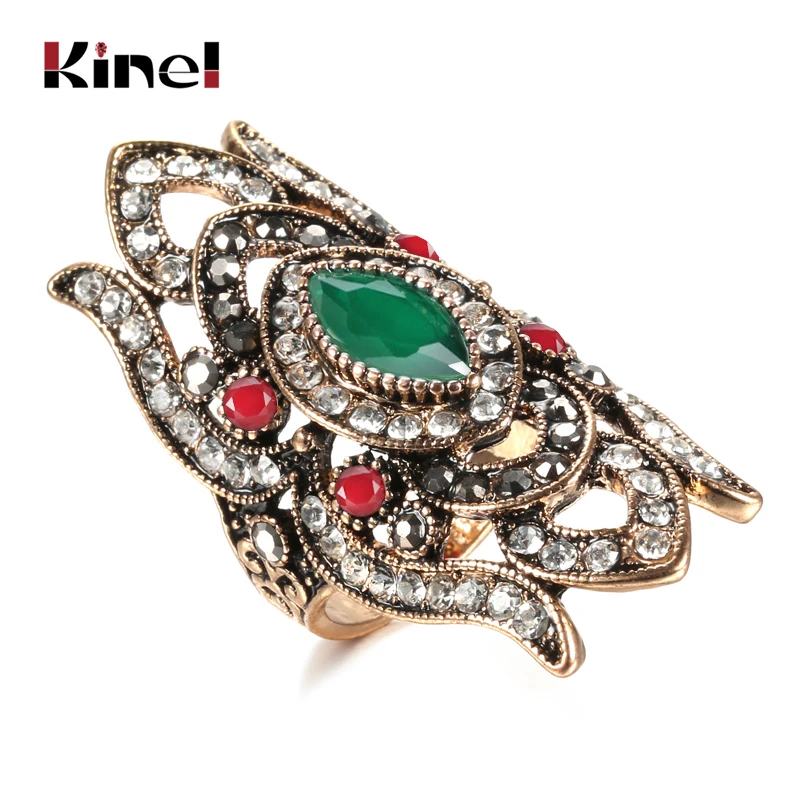 Kinel Hot Bohemia Crystal Rings For Women Hollow Pattern Antique Gold Vintage Wedding Jewelry Wholesale Engagement Party Ring